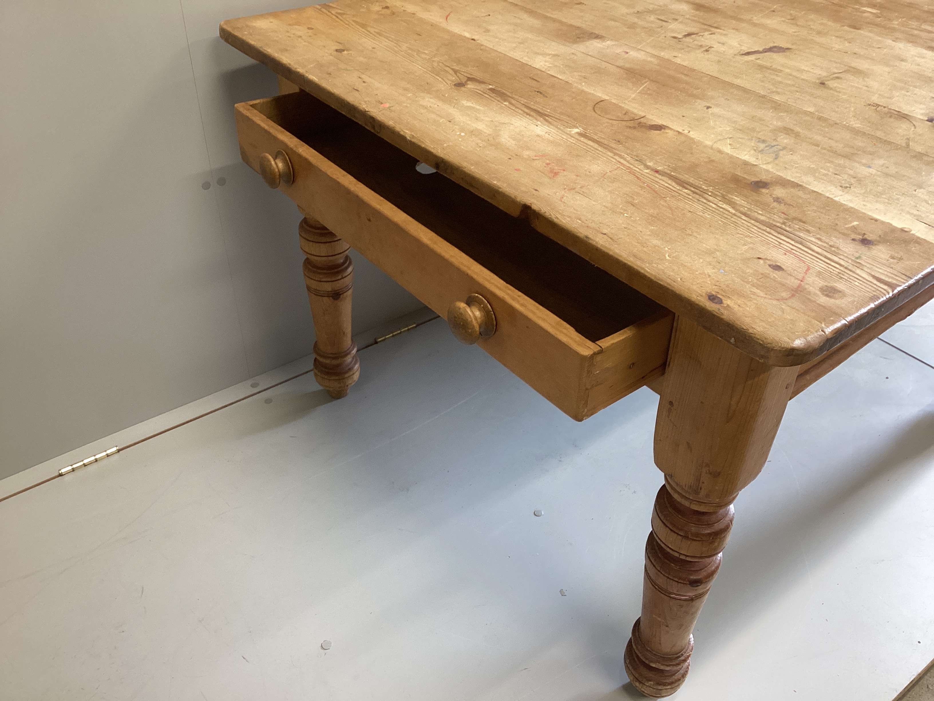 A Victorian rectangular pine kitchen table, fitted drawer, width 119cm, depth 105cm, height 73cm